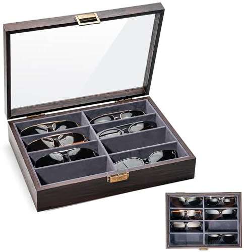 ProCase 8 Slots Wooden Sunglasses Organizer Trays for Men Women, Glass Display Case Multiple Pairs Eyewear Eyeglass Holder Storage Box -Espresso