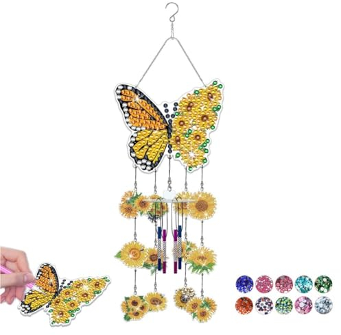 Home Diamond Painting Kits, 5D Sonnenblume Schmetterling Windspiel DIY Diamant Malerei Windspiel Kit Gartendekoration, Double-Sided Diamond Art Suncatchers Indoor Window, Hanging Diamond Art Kits Für
