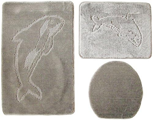 Ilkadim Export 3-teiliges Badset Gökyildiz Delphin einfarbig, Badteppich 55x85cm, WC-Vorleger rechteckig für Hänge-WC (grau)