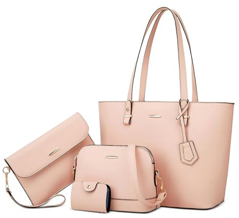 DORRISO Set Borse Donna 4 Pezzi — Elegante Shopper Capiente in Pelle PU Impermeabile Multiuso con Tracolla Rimovibile, per Lavoro, Università e Viaggi Rosa