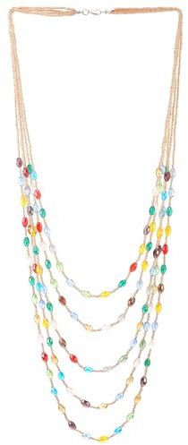 COOLSTEELANDBEYOND Bunt Ovalen Perlen Statement Halskette Multi-Schichten Lange Kette mit Kristall Charme Anhänger