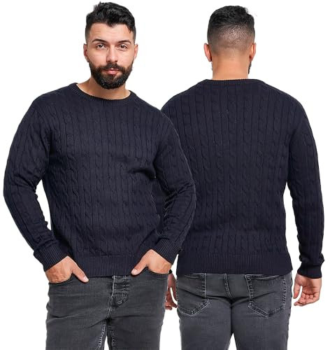 NOROZE Men's Jumpers – Mens Jumper Cable Knit Jumper, Lightweight Crew Neck Long Sleeve Sweater, Warm Casual Pullover Knitwear for Winter, Slim Fit Knitted Tops, Available in Navy Jumper Mens