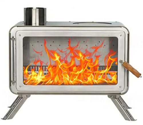 Estufa De Leña, Estufa Portátil para Tienda De Campaña con 6 Tubos De Chimenea, Ventana De Visualización De Vitrocerámica Y Mango Antiescaldado, Calentador De Cocina De Acero Al Carbono para Picnic