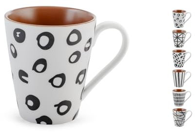 H&H-Avana, set 12 mug, tazze per tisane, cioccolata calda, in porcellana, decorata, stile etnico, black&white, decori assortiti, 550 cc, lavabili in lavastoviglie