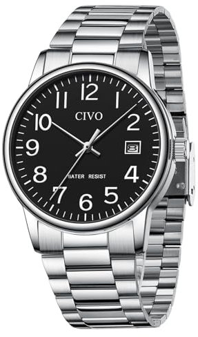 CIVO Uhren Herren Silber Armbanduhr: Wasserdicht Männer Uhr Schwarz Ziffernblatt Klassisch - Edelstahl Herren Uhr Analog Quarz mit Datum