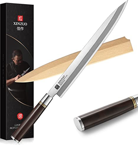 XINZUO 30cm Coltello Sashimi Acciaio Inossidabile X7Cr17MoV,Coltello Yanagiba di Pesce Tradizionali Giapponesi Artigianali Coltello da Sushi,Manico in Legno di Ebano-con Fodero in Legno di Betulla