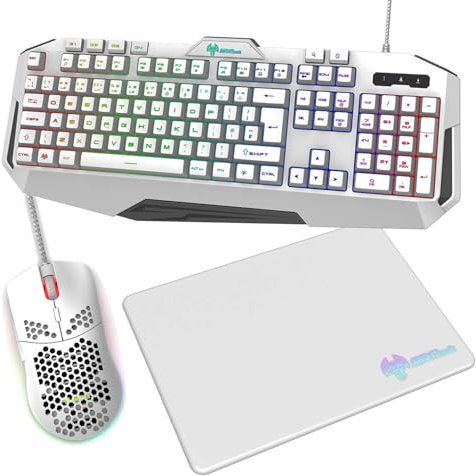 AWD-IT Nebula V2 Gaming Bundle 7 Colour LED RGB Keyboard with Pulsing Mouse and Mat Combo Kit (White)