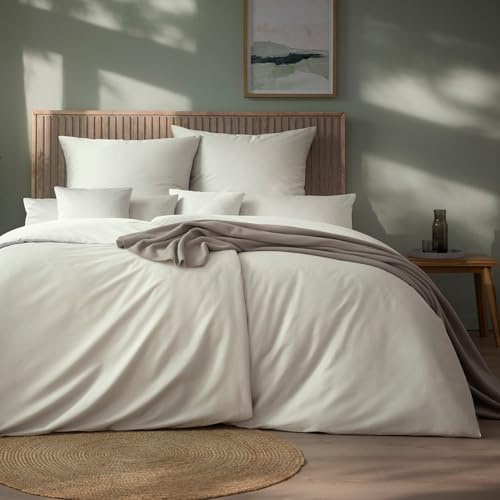 ESTELLA Mako-Satin Bettwäsche Set, 135x200 cm + 80x80 cm, Elfenbein | 100% Baumwolle, Deutsche Marke, Garantie Reißverschluss, Moderene Farben
