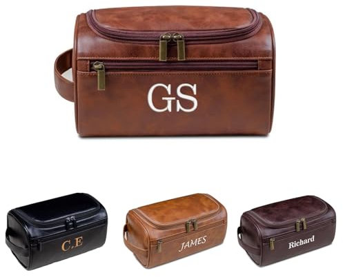 joyinaff Trousse de toilette personnalisée en cuir brodé pour homme – Grand organisateur de toilettage de voyage personnalisé, kit Dopp de voyage avec monogramme personnalisé, marron, Moderne et