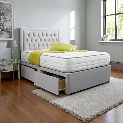 hushleep Windsor ORTHOPAEDIC DIVAN BED SET WITH HEADBOARD 2ft6 3FT 4FT6 DOUBLE 5FT KING 6FT Super 2 Drawers With Ortho Memory Mattress (Grey Linen, 4FT6)