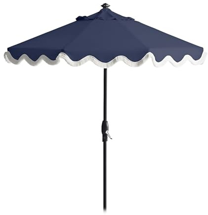 2,1 m blauer Terrassenschirm mit gewellten Fransen, 2,7 m, Aluminium, Outdoor-Marktschirm, Kurbel und belüftetes Design für Deck, Pool, Garten, Hof, Sonnenschutz