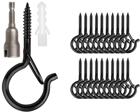 Higke Screw-in Ceiling Hooks with Expansion Plug, 20-Pack, Black, 5.5 cm Hook for Indoor Outdoor String Lights, Plant Hangers