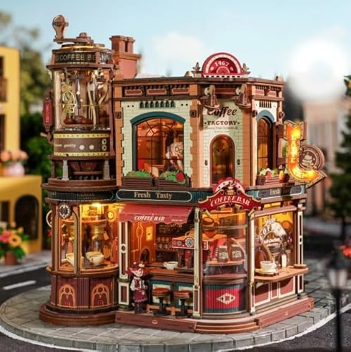 ROBOTIME Rompecabezas de madera 3D para adultos - Fábrica de café de ensueño, kit de construcción en miniatura con música, luces y escenas animadas, casa en miniatura/rincón de libros café EAB02