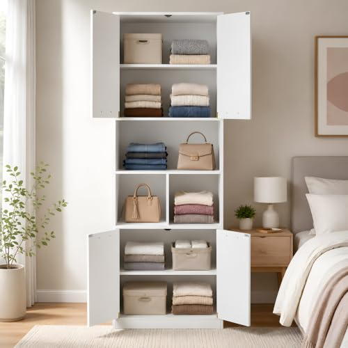 GOKHOMX Armoire de Chambre Blanche 60 cm Largeur, Lot de 1 | 180,5 cm Hauteur, 4 Portes, Niches Ouvertes, Étagères Réglables, Multi-Usage