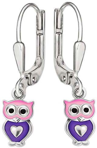 Clever Schmuck Silberne Kinder Ohrringe als Ohrhänger 24 mm kleine Eule 7 mm rosa violett lackiert mit Mini Herz glänzend Sterling Silber 925 für Mädchen im Etui rosa
