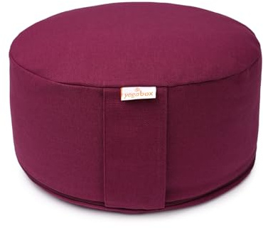 Yogabox Meditationskissen Basic, Abnehmbarer Bezug aus 100% Baumwolle, Höhe 13-18 cm, Praktische Trageschlaufe, Basic Collection, Buchweizenschalen, aubergine