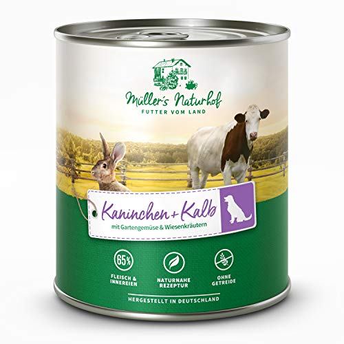 Müllers Naturhof - Kalb und Kaninchen - 6 x 800 g - Nassfutter für alle Hunderassen - getreidefrei und glutenfrei - mit Gartengemüse und Wiesenkräutern - naturnahe Rezeptur mit 65% Fleisch