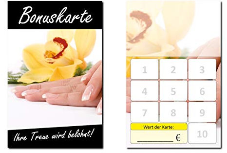 100 Stück Bonuskarten Nagelstudio gelb Wellness Kosmetik (BOK-419) mit 10 Stempelfeldern Treuekarten Massage Beauty