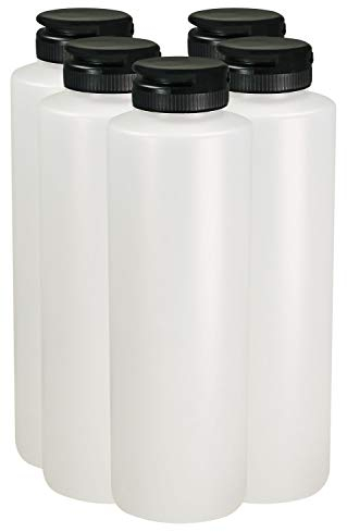 Pinnacle Mercantile Condiment Squeeze Bottles with Flip Top Hinged Black Cap 16 oz Set of 5 (Perfect for Condiments, Sauces, Dressings, BBQ, Ketchup) Made USA