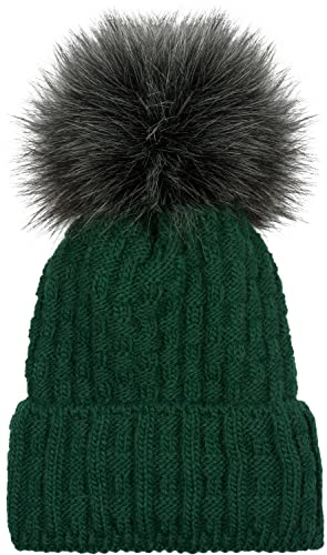 styleBREAKER Unisex warme Strick Bommelmütze mit Flecht Muster und Fleece Futter, Winter Fellbommel Mütze 04024171, Farbe:Dunkelgrün