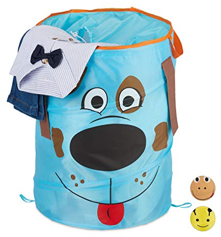 Relaxdays Hund, Pop-Up Wäschekorb für Kinder, Tiermotiv, Faltbar, 39 l Stauraum, Aufbewahrungskorb HxD: 43 x 34 cm, blau, Polyester, Stahl, 43 x 34 x 34 cm