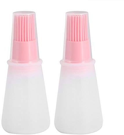 Fdit 2Pcs Silicone Oil Bottle Brush with Lid Set Soft Sauce Bottle with Silicone Basting Brush Cooking Oil Bottle Brushes for Pastries BBQ Meat Honey Marinades (Pink)