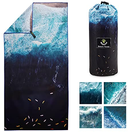 4Monster Mikrofaser-Strandtuch mit Tragetasche, sanddicht, Reisehandtuch, schnell trocknend, leicht, für Wandern, Yoga, Fitnessstudio, Sport, Schwimmen, Camping, Fitness, Bad