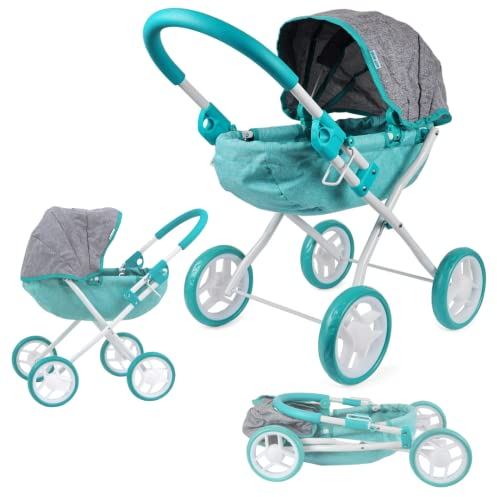 Milly Mally Puppenwagen Dori klappbar, für Mädchen ab 3 Jahren, mit Verdeck, Schaumrädern, Gurten Prestige Mint Minze