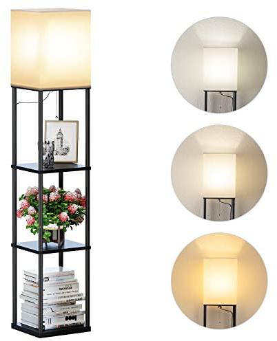 SUNMORY Floor Lamp with Shelves, Modern Square Standing Lamp with 3 Color Temperature Bulb, Corner Display Bookshelf Lamp for Living Room and Bedroom(Black)