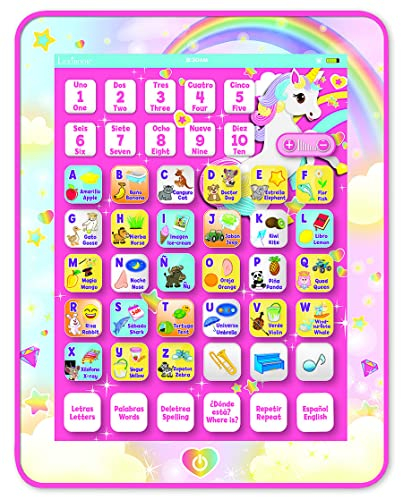 LEXIBOOK, Unicornio, Tableta Educativa Bilingüe Interactiva, Juguete para Aprender el Alfabeto Letras números Palabras deletreo y música, Inglés/Español, Rosa, JCPAD002UNIi2