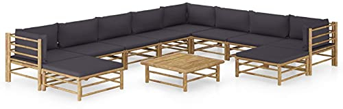 Tidyard Set de Muebles de Jardín 11 piezas Bambú y Cojines Sofá Modular para Cocina Exterior Hogar Patio Porche Terraza Mobiliario Jardin Gris Oscuro