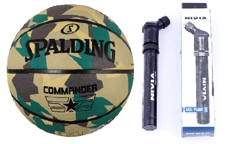 Spalding Commander Poly Basketball Outdoor Größe 7 Herren Erwachsene mit Luftpumpe Match Qualität Outdoor Basketball Größe 7 Armee Druck Gummi Starker Kern Wasserabweisend