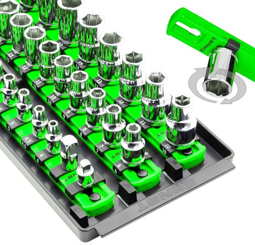 Ernst Manufacturing 8481 Socket Boss 3-Rail Multi-Drive Socket Holder Tray for Toolbox, Twist-Lock Secures Sockets, Green, Socket Holder Socket Clips for SAE, Metric Socket Sets - Made in USA
