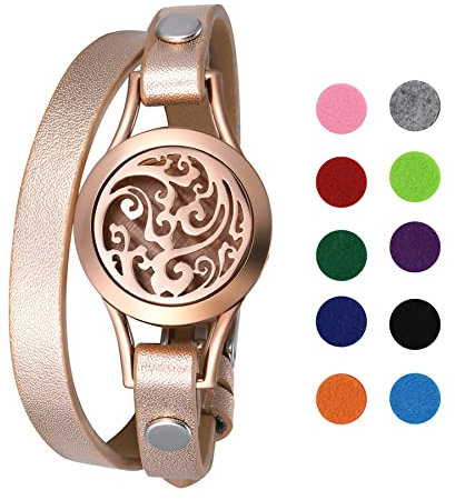 Flongo Aromatherapie Lederarmband Damen-Armband Armreif Aroma Locket Diffuser Duftstofflocket mit Farbigen Filz-Pads ätherisches Öl Diffusor für Frauen Rosegold