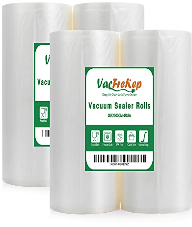 VacFreKep 4 Pack 28cmx15m Vacuum Sealer Bags Rolls for Food,Commercial Grade, BPA Free,Puncture Prevention,Great for Sous Vide
