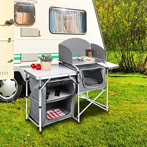 Mojawo Aluminium Campingtisch Campingküche Campingschrank Klapptisch Gartentisch Reisetisch 146x46x80cm mit 3 Aufbewahrungsfächer mit Reisverschluss und Windschutz
