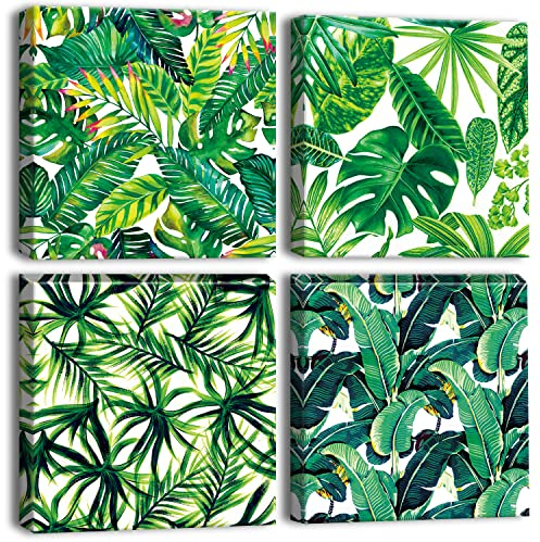 Artscope 4 Teilig Leinwandbilder mit Grüne Blätter Motiv Kunstdruck - Moderne Wandbild für Küche Badezimmer Wohnzimmer Wanddekoration - 30 x 30 cm