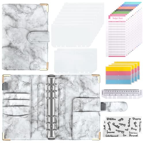 Budget Notizbuch A6, 30 Stück 6-Loch Binder Mit Taschen, Budgetblätter, Etikettenaufklebern, Weiches Lineal Ringbuchordner (Grau)