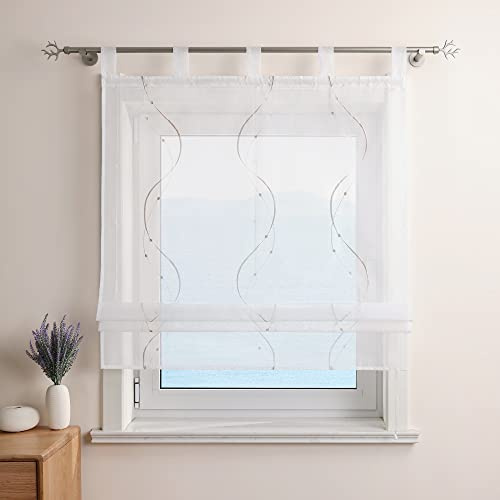 ESLIR Raffrollo mit Schlaufen Gardinen Küche Bestickt Raffgardinen Voile Transparent Schlaufenrollo Modern Vorhänge mit Wellen Stickerei Beige BxH 80x140cm 1 Stück