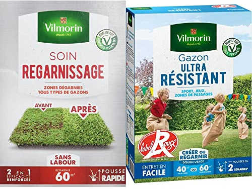 VILMORIN - Soin Regarnissage Universel 2 en 1 - Semences de gazon + Fortifiant naturel - Rénovation facile des gazons abîmés - Levée rapide - 1 Kg & 4462414 Gazon Ultra Résistant, Vert, 1 kg