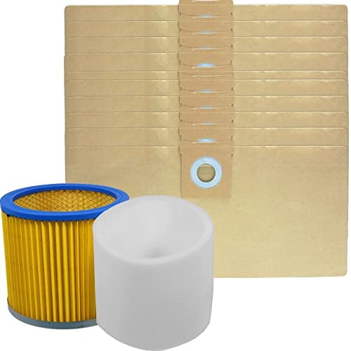 SPARES2GO Filter Cartridge + 10 Dust Bags + Foam Sleeve compatible with Titan TTB350 TTB351VAC TTB430VAC Wet & Dry Vacuum Cleaner