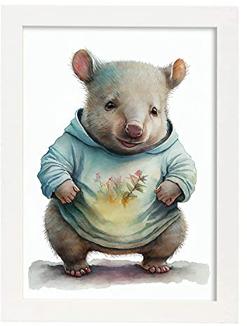 Nacnic Wombat Poster im Aquarellstil. Illustrationen von niedlichen Tierbabys auf weißen Hintergründen für Kinderzimmer. Innenarchitektur und Dekoration. A4 mit weißen Rahmen.
