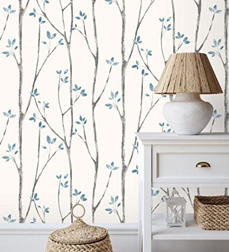 GAULAN 500680946 - Vliestapete, Strapazierfähig, Abwaschbar. Skandinavische Baumzweig-Tapete mit blauen Blättern für Wohnzimmer Küche Bad Schlafzimmer Flur - Muster DIN A4