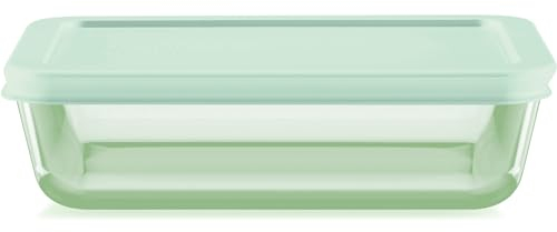 Pyrex Colors (3 Cup) Tinted Glass Medium Rectangular Food Storage Container, Snug Fit Non-Toxic Plastic BPA-Free Lids, Freezer Dishwasher Microwave Safe, Green