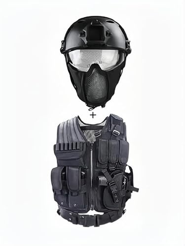 PJ Taktischer Schneller Helm Und Airsoft Maske Schädel Vollmaske,Taktische Weste Outdoor Ultra-Light Atmungsaktive Trainingsweste Kit