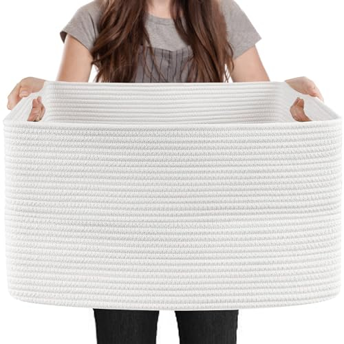 MEGASKET Extra Large White Storage Basket, Rectangle, Woven Cotton Rope, Toy Bins, XXXL Organizing Baskets, Wicker Laundry