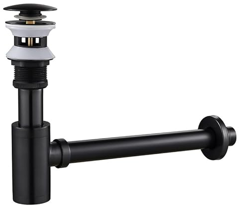 KEOKBON Brass Bottle Trap with with Pop-up Drain 110-200mm Extension Tube, Round Decorative P Trap 1 1/4, Anti-Odour Traps Plumbing Drain Tube for Bathroom Sink Basin Vessel(with Overflow),Orb Black