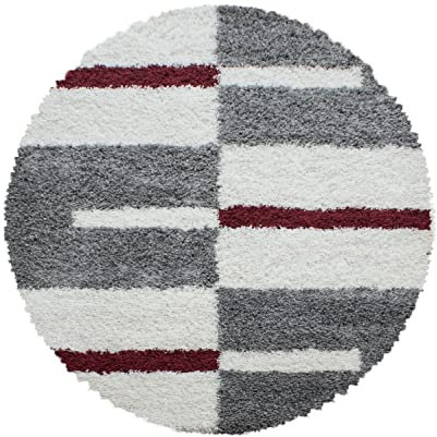 SIMPEX Wohnzimmer Teppich Shaggy und Flauschiger Moderne Kariert Design Rot 80 cm Rund - Teppich Schlafzimmer Extra Weich Pflegeleicht Waschbarer - Carpet Living Room Rug