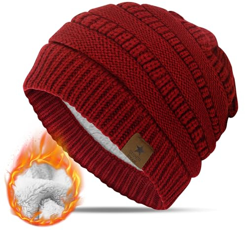 KEECOW Damen Beanie Mütze, Damen Cuffed Beanie Mütze Unisex Weiche Warme Strickmütze für Ski Sport Outdoor(Rot)