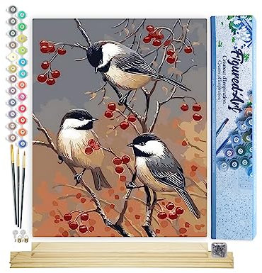 Figured'Art Malen Nach Zahlen Erwachsene Mit Rahmen Vögel und Obstbaum - Paint by Numbers Basteln DIY Bastelset 40x50cm Mit Keilrahmen (nicht gespannt)